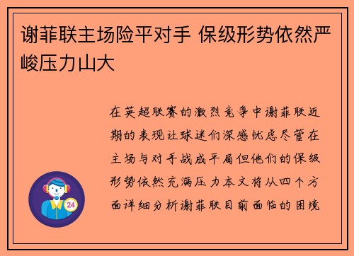 谢菲联主场险平对手 保级形势依然严峻压力山大