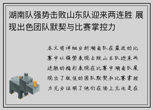 湖南队强势击败山东队迎来两连胜 展现出色团队默契与比赛掌控力