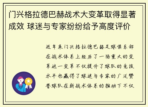 门兴格拉德巴赫战术大变革取得显著成效 球迷与专家纷纷给予高度评价